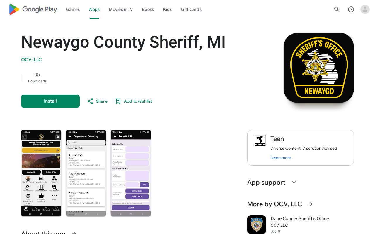 Google Play listing for the official Newaygo County Sheriff app