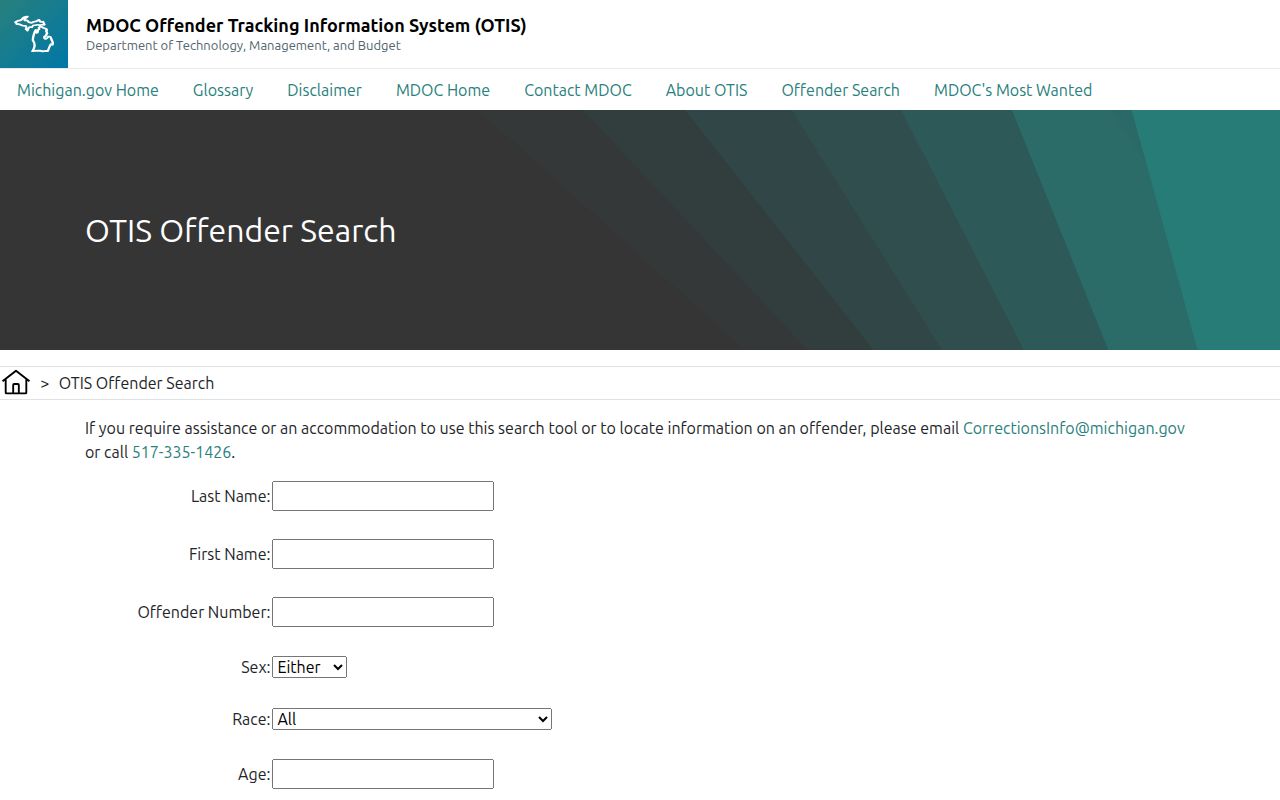 Michigan Department of Corrections OTIS offender search screen