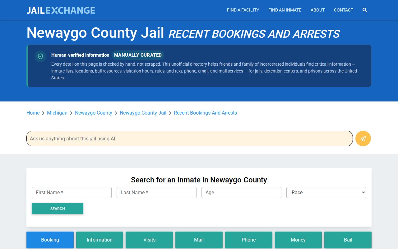 Unofficial JailExchange recent bookings information page for Newaygo County Jail