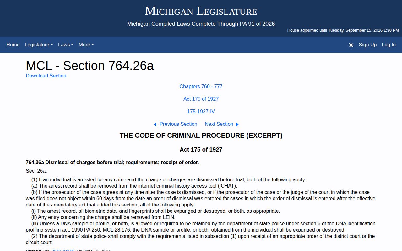 Michigan Legislature page for MCL 764.26a concerning arrest records